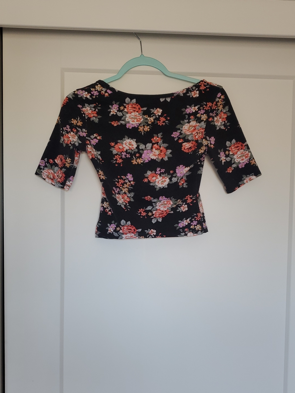 Nollie Black Floral Nollie Crop Top with Orange & Lilac Blooms - Picture 2 of 3